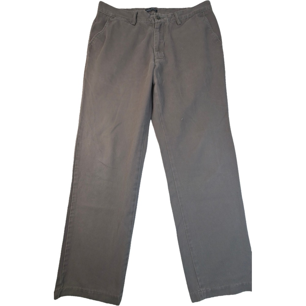Nautica Chino Pants Mens 34x30 Gray Flat Front Casual Trousers Stained